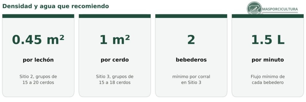 Densidad y agua recomendadas para cerdos en Sitio 2 y Sitio 3